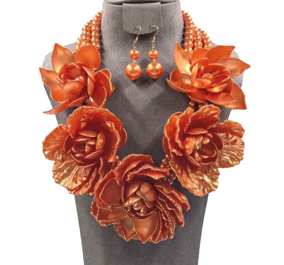 Orange pearl flower necklace set