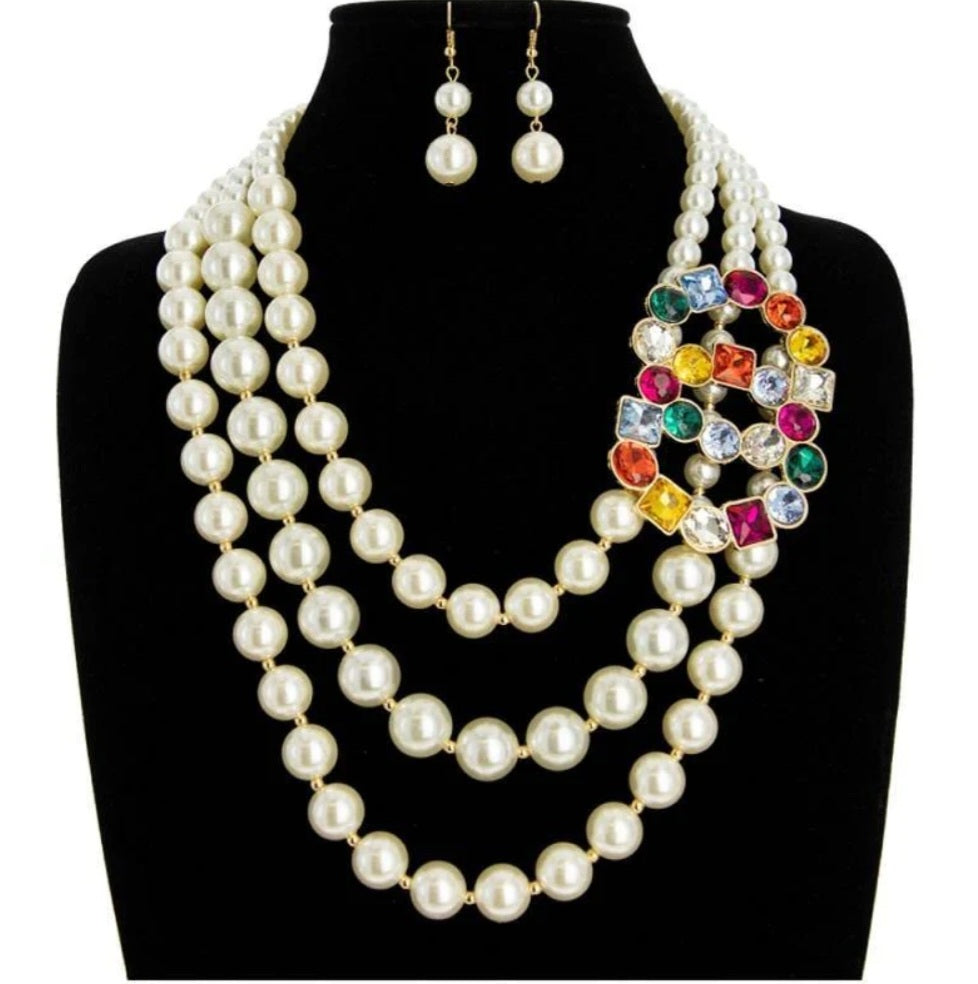 3 layer cream pearl necklace with multi color rhinestone pendent