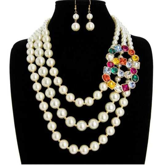 3 layer cream pearl necklace with multi color rhinestone pendent