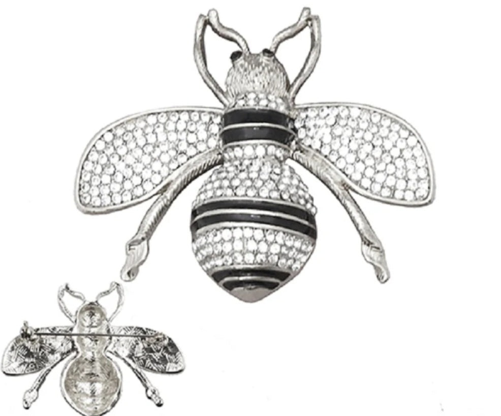 Black Silver & Clear Enamel Rhinestone Bee Brooch
