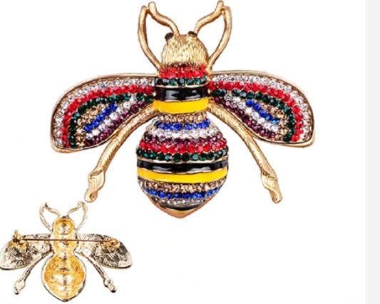 Black Enamel Multi Rhinestone Bee Brooch